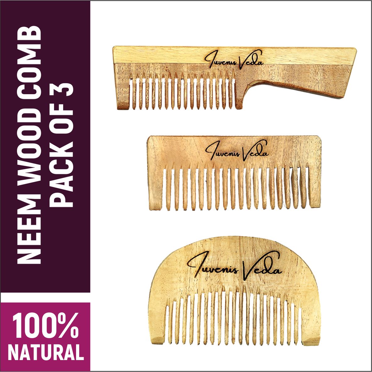 Iuvenis Veda Neem Wood Comb - Pack of 3 Pieces | Scalp Health and Hair Detangling | For Men and Women | Suitable for All Skin Types
