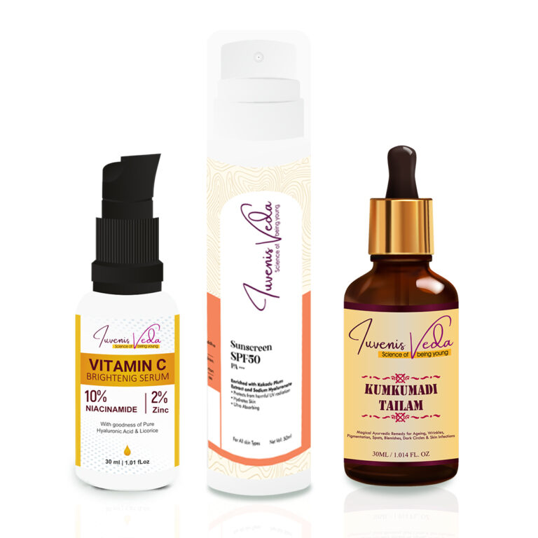 Ultimate Skincare Trio: Vitamin C Face Serum, Sunscreen SPF 50 PA+++, Kumkumadi Tailam